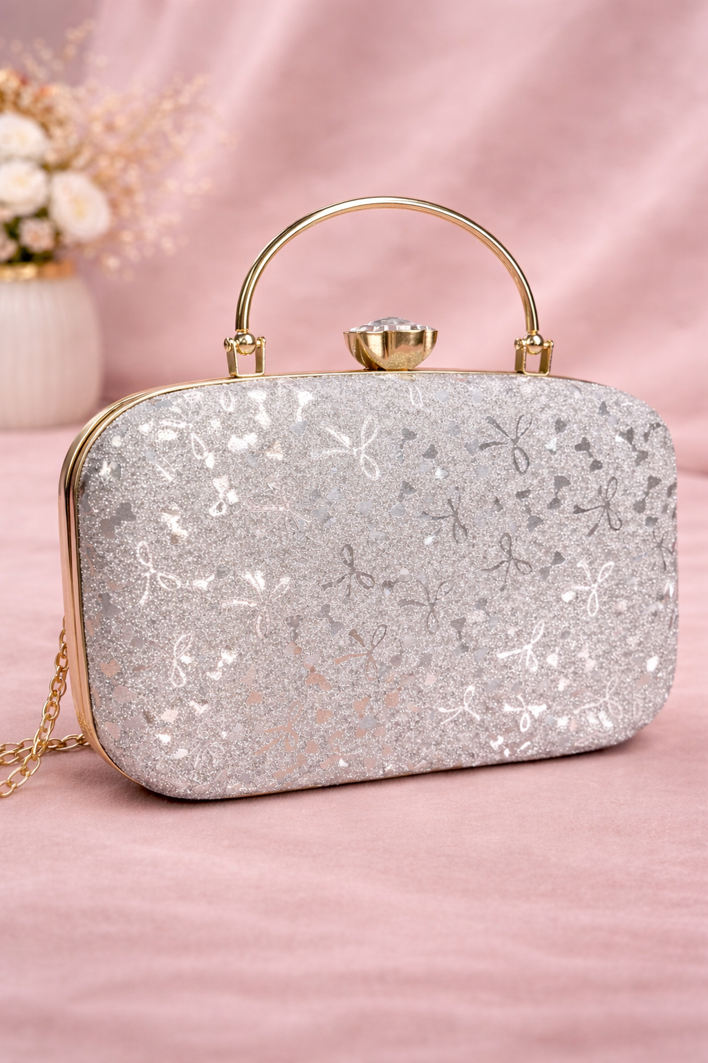 Chic Silver Glitter Clutch with Crystal Clasp & Chain Strap - Image 2