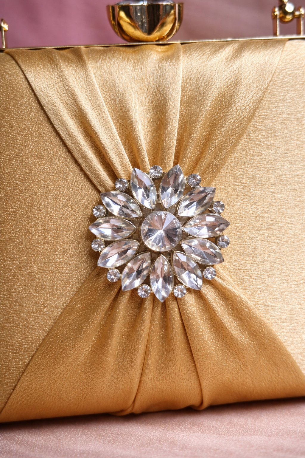 Elegant Gold Satin Clutch with Crystal Embellished Brooch & Gold Handle - Image 2