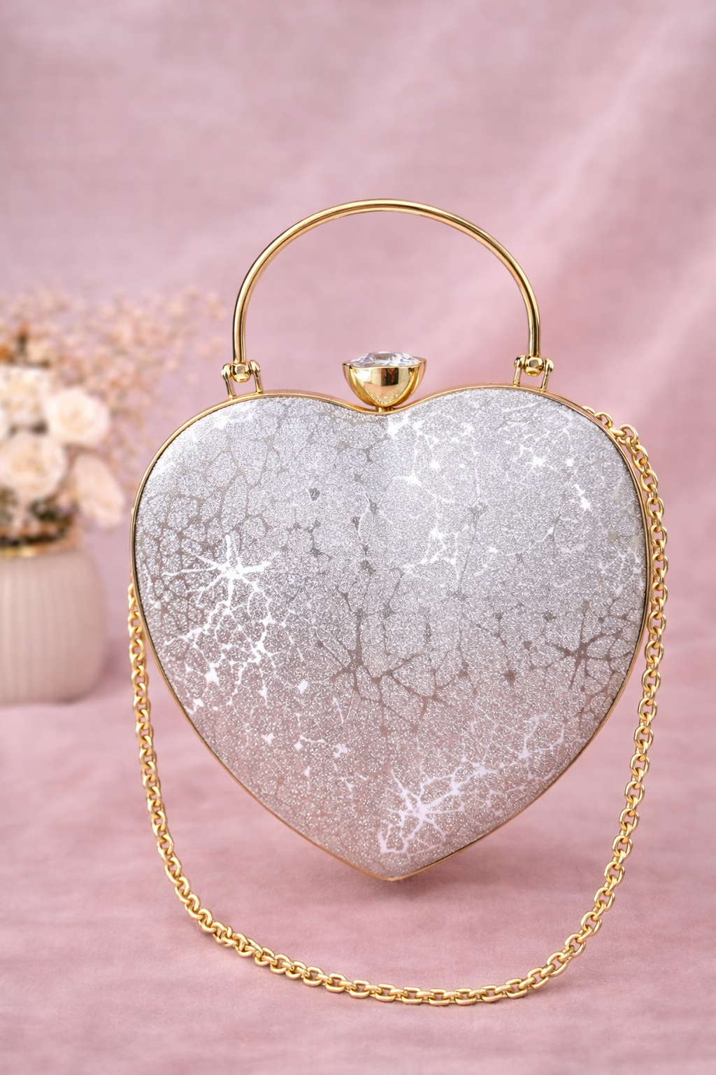 Elegant Silver Heart-Shaped Clutch with Crystal Clasp & Chain Strap - Image 2