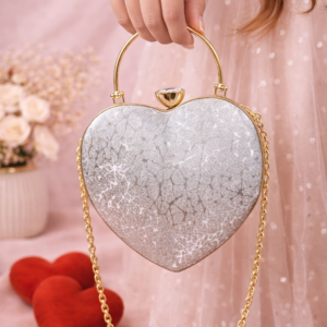 Elegant Silver Heart-Shaped Clutch with Crystal Clasp & Chain Strap
