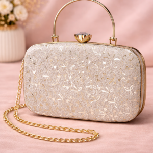 Chic Gold Glitter Clutch with Crystal Clasp & Chain Strap