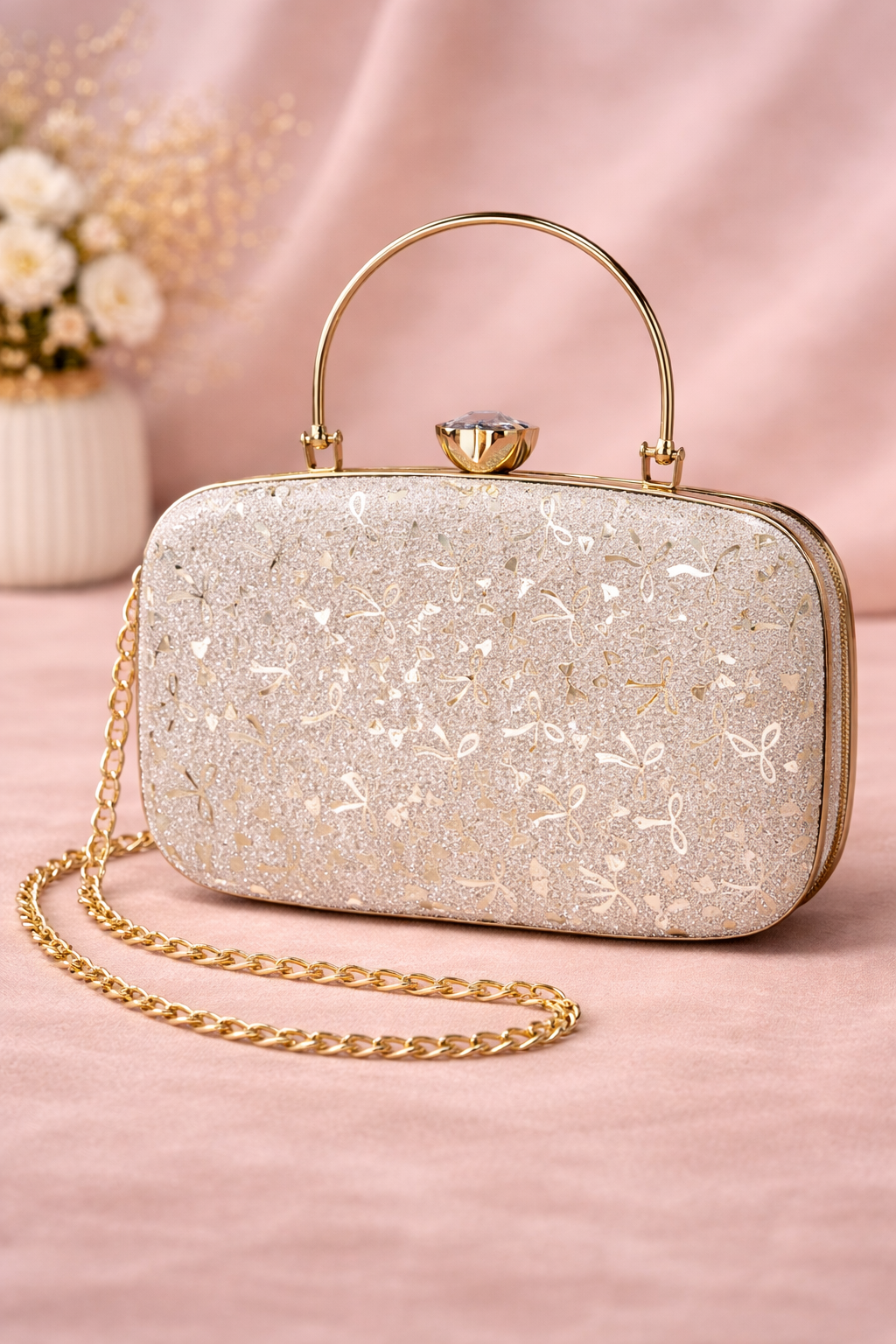 Chic Gold Glitter Clutch with Crystal Clasp & Chain Strap