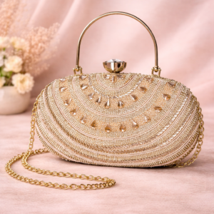 Elegant Rose Gold Embellished Clutch with Crystal Clasp & Chain Strap