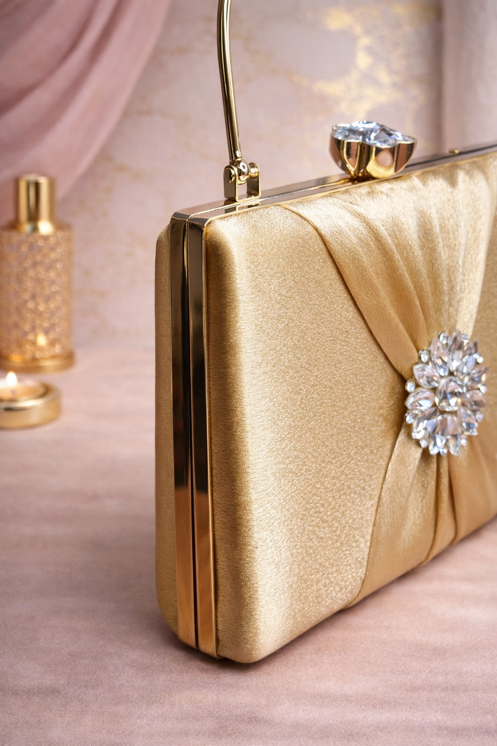 Elegant Gold Satin Clutch with Crystal Embellished Brooch & Gold Handle - Image 3