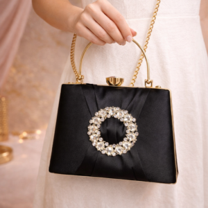 Elegant Black Satin Clutch with Crystal Embellished Brooch & Gold Handle