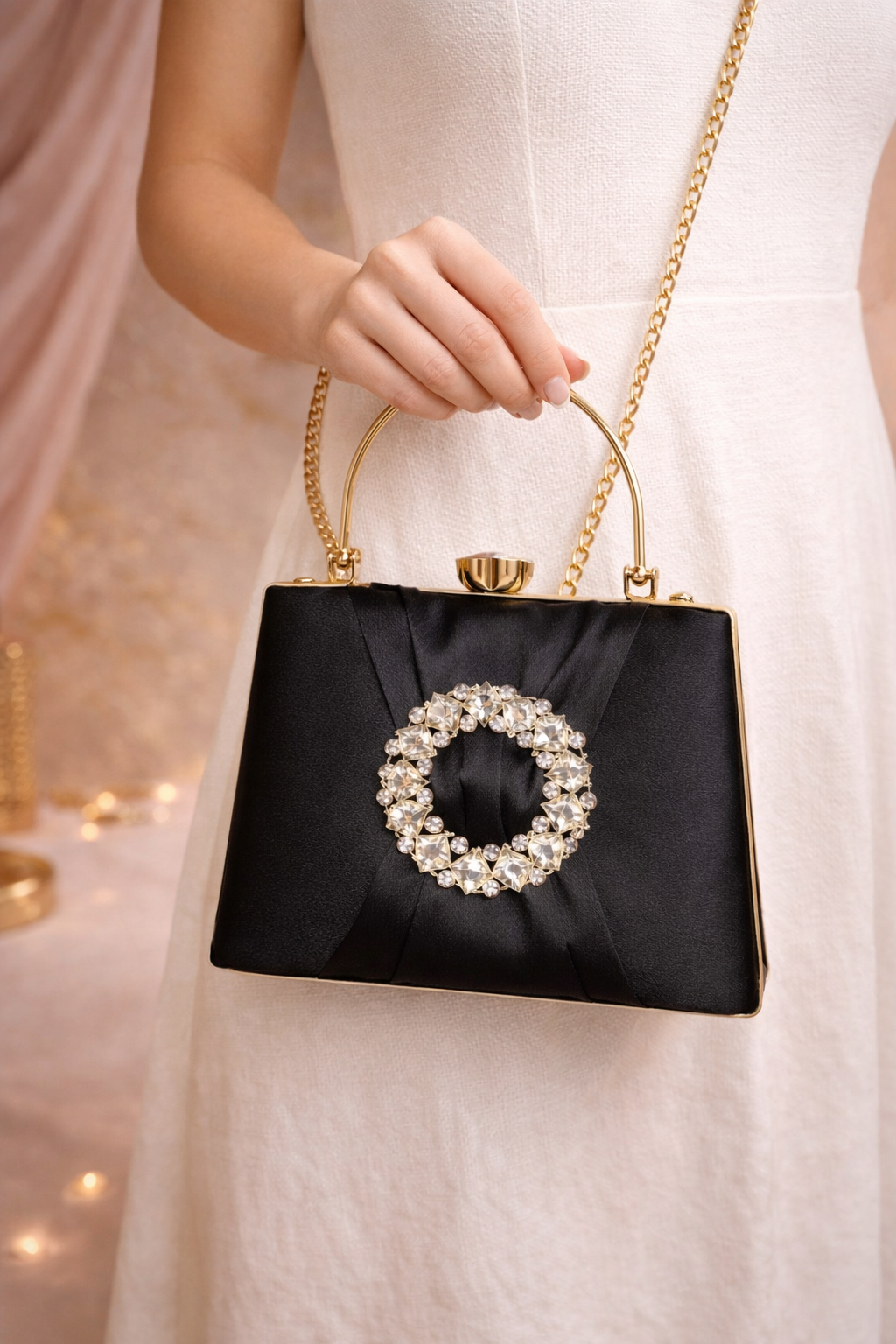 Elegant Black Satin Clutch with Crystal Embellished Brooch & Gold Handle