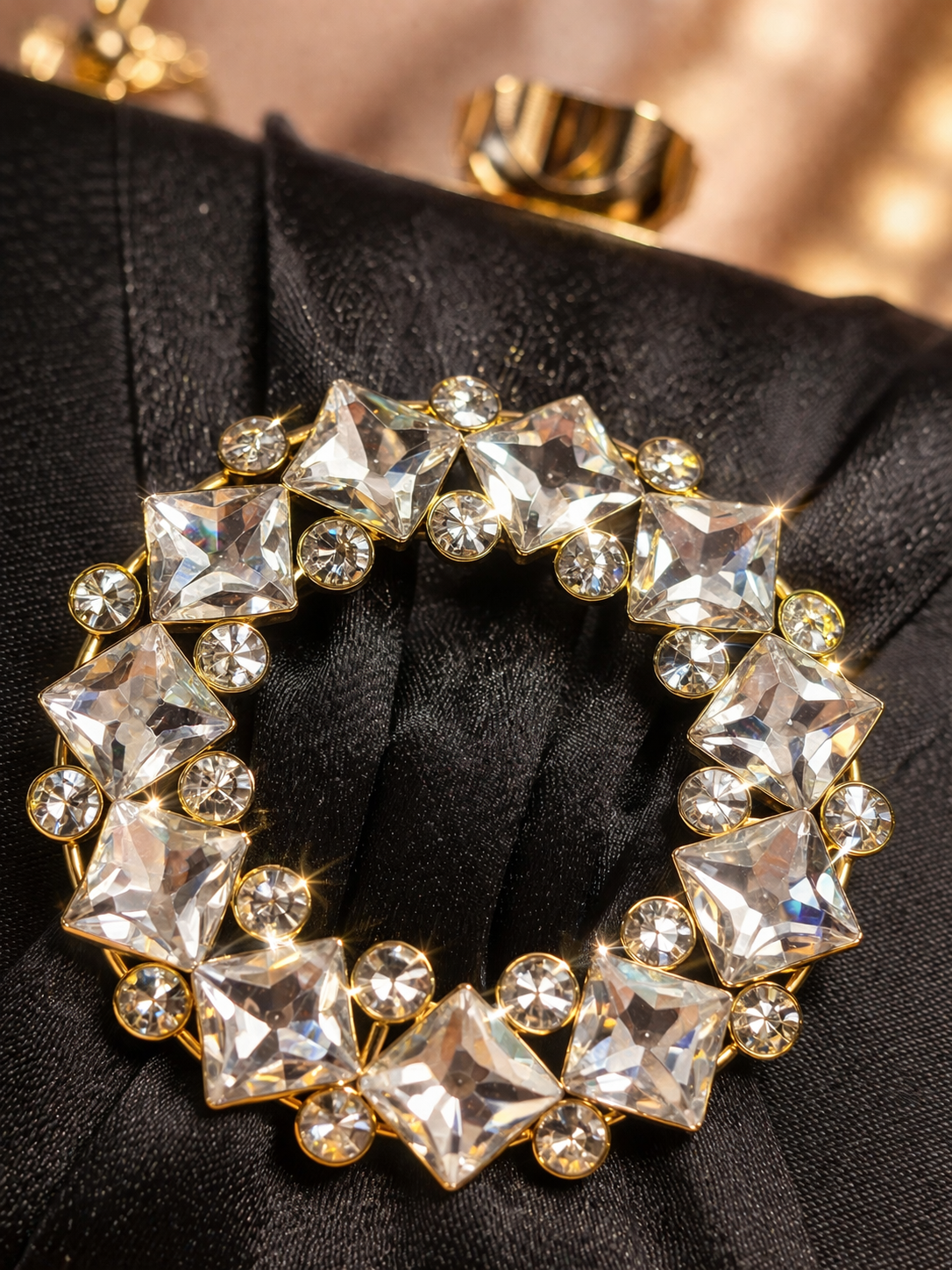 Elegant Black Satin Clutch with Crystal Embellished Brooch & Gold Handle - Image 2