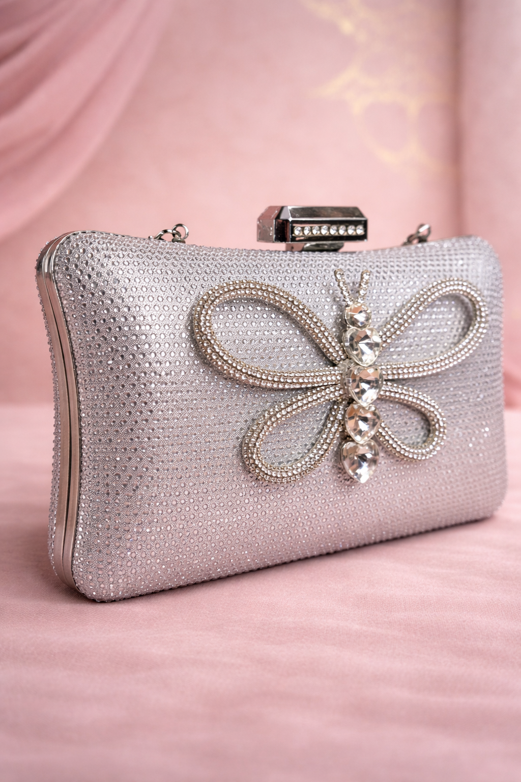 Elegant Silver Crystal Embellished Clutch with Butterfly Motif & Chain Strap - Image 2