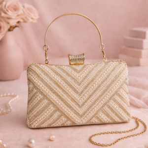 Elegant Pearl Embellished Clutch with Gold Handle & Chain Strap