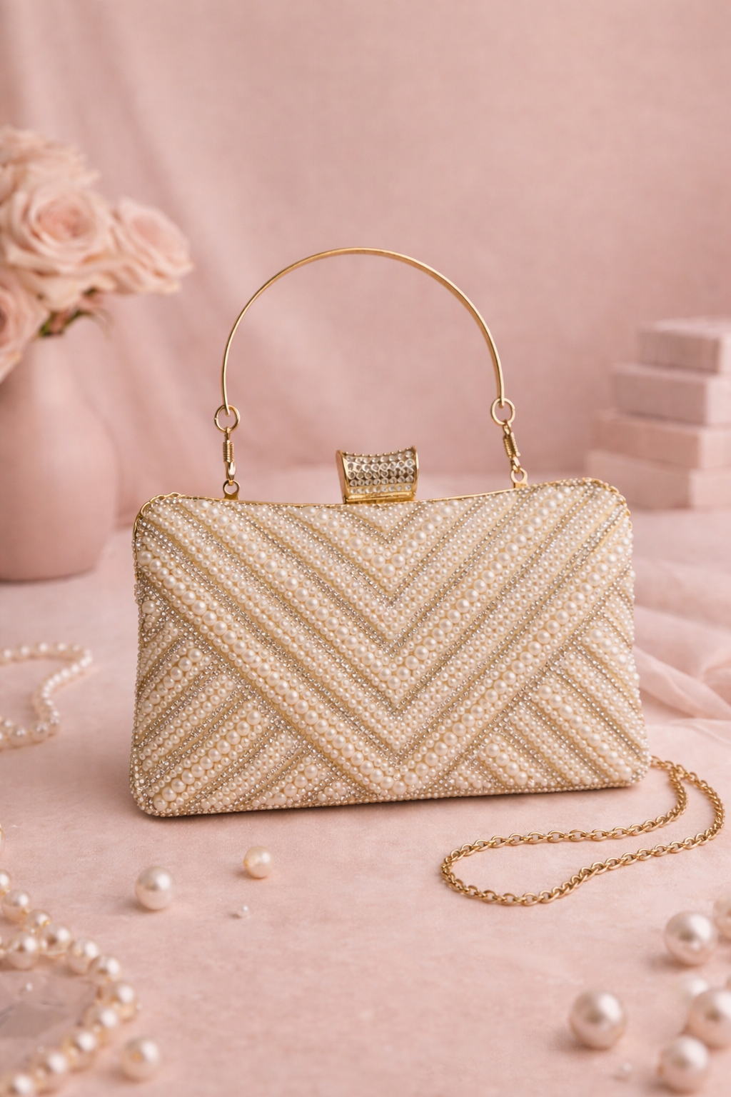 Elegant Pearl Embellished Clutch with Gold Handle & Chain Strap