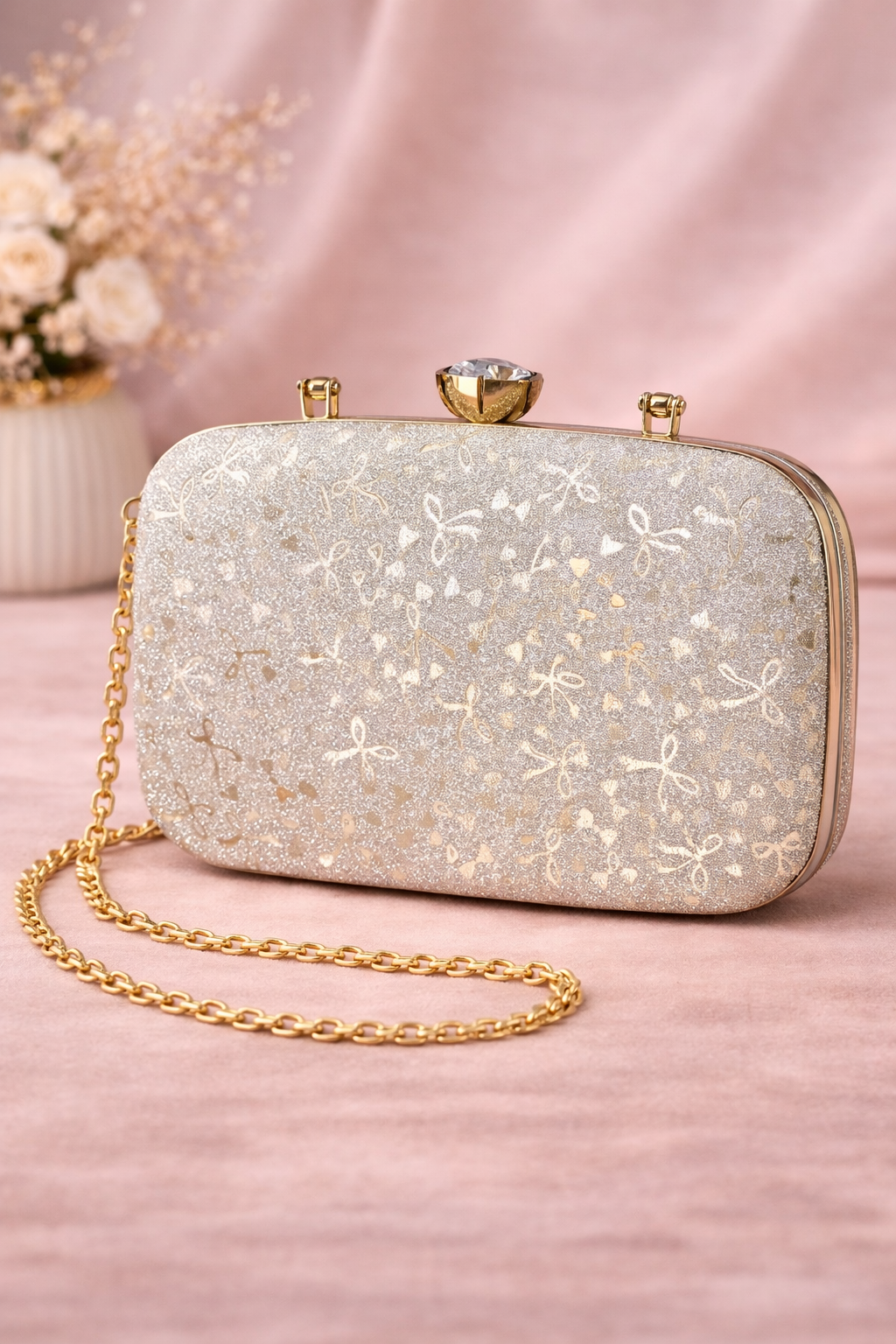 Chic Gold Glitter Clutch with Crystal Clasp & Chain Strap - Image 2