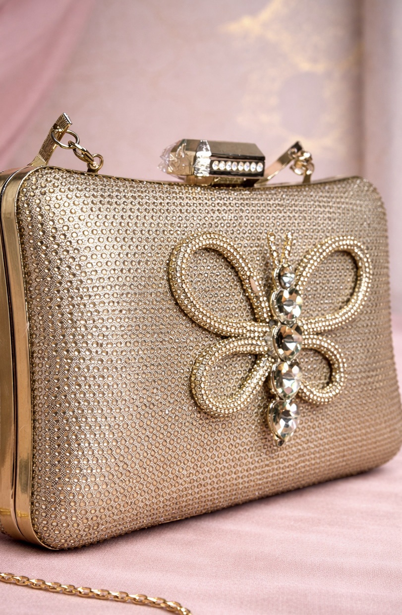Glam Gold Crystal Embellished Clutch with Butterfly Motif & Chain Strap - Image 2