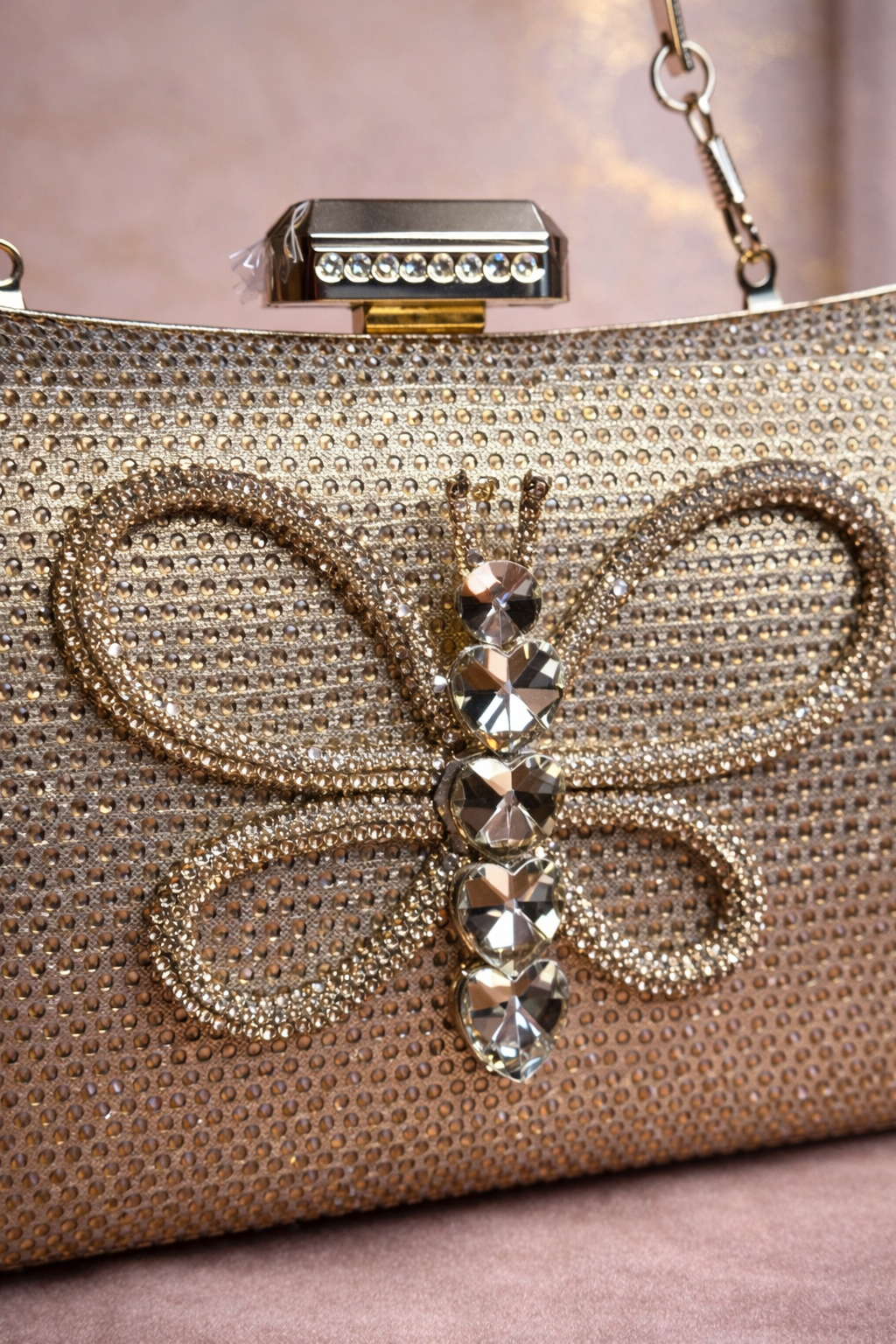 Glam Gold Crystal Embellished Clutch with Butterfly Motif & Chain Strap - Image 3