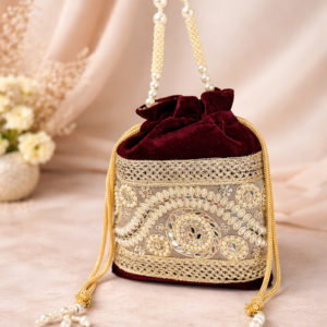 Royal Maroon Velvet Potli Bag with Pearl Handle & Gold Embroidery