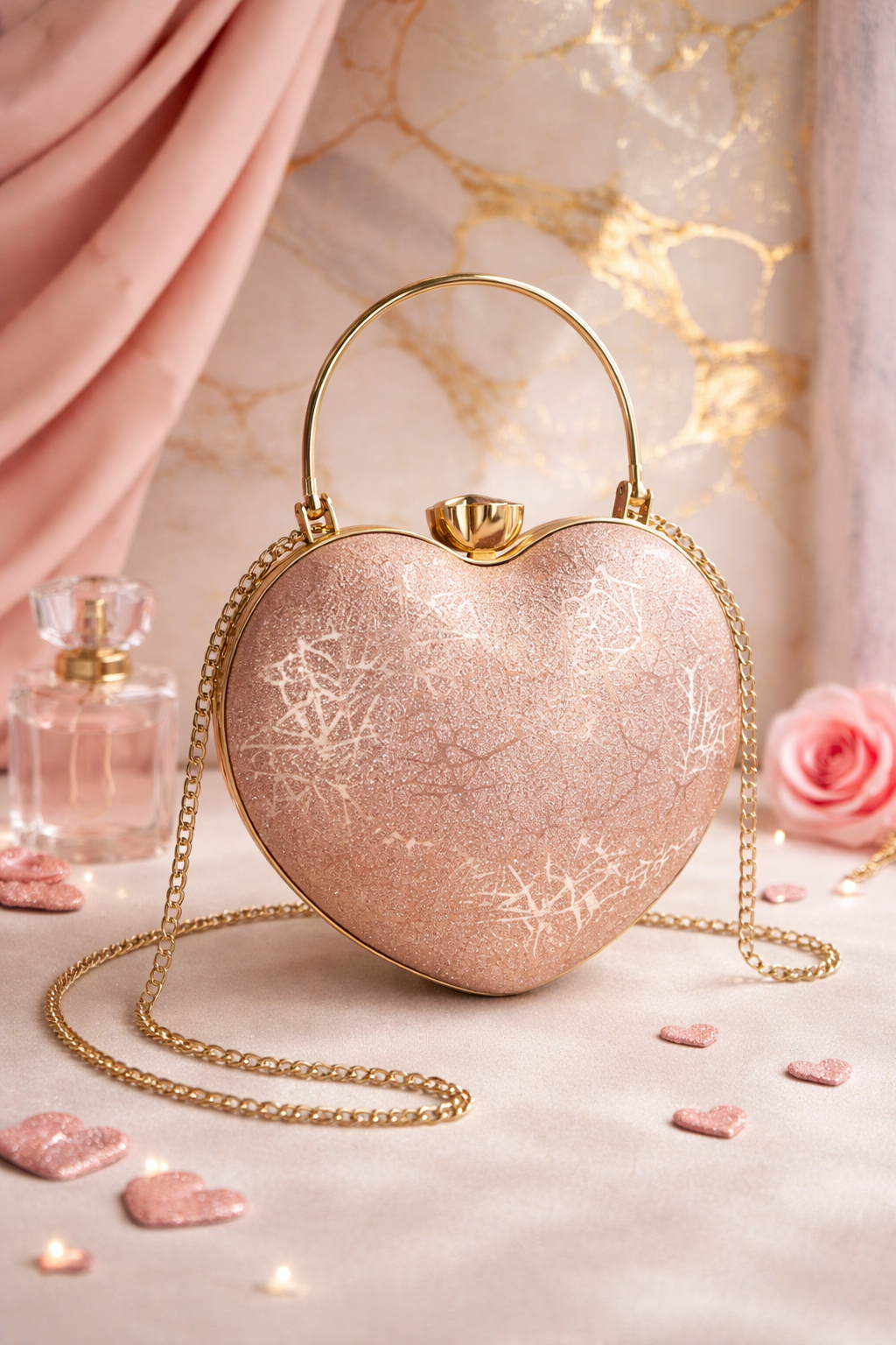 Romantic Blush Pink Heart-Shaped Clutch with Gold Handle & Chain Strap - Image 4