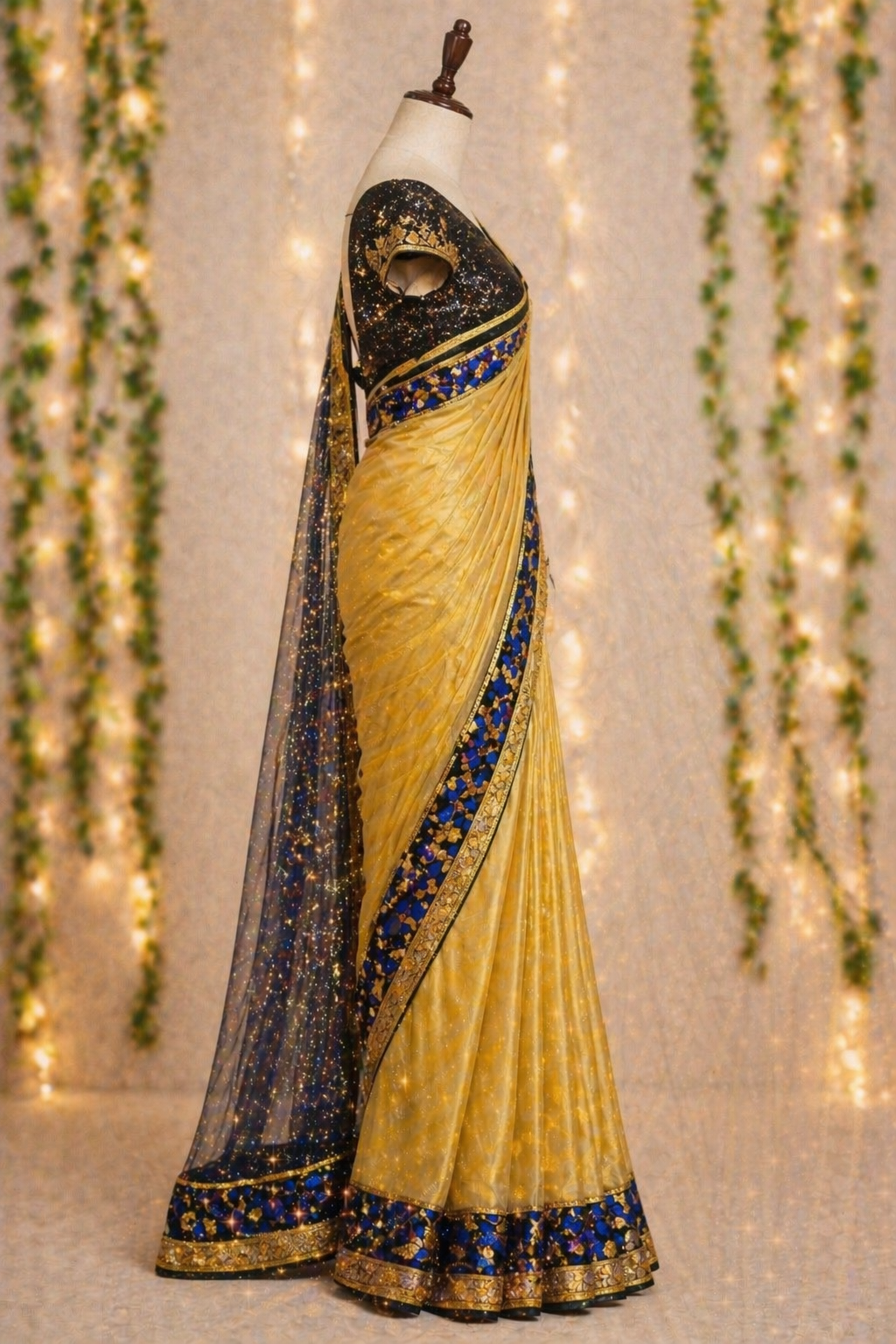 Golden Radiance Designer Saree with Royal Blue Floral Border & Sequin Blouse - Image 3