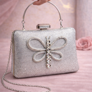 Elegant Silver Crystal Embellished Clutch with Butterfly Motif & Chain Strap