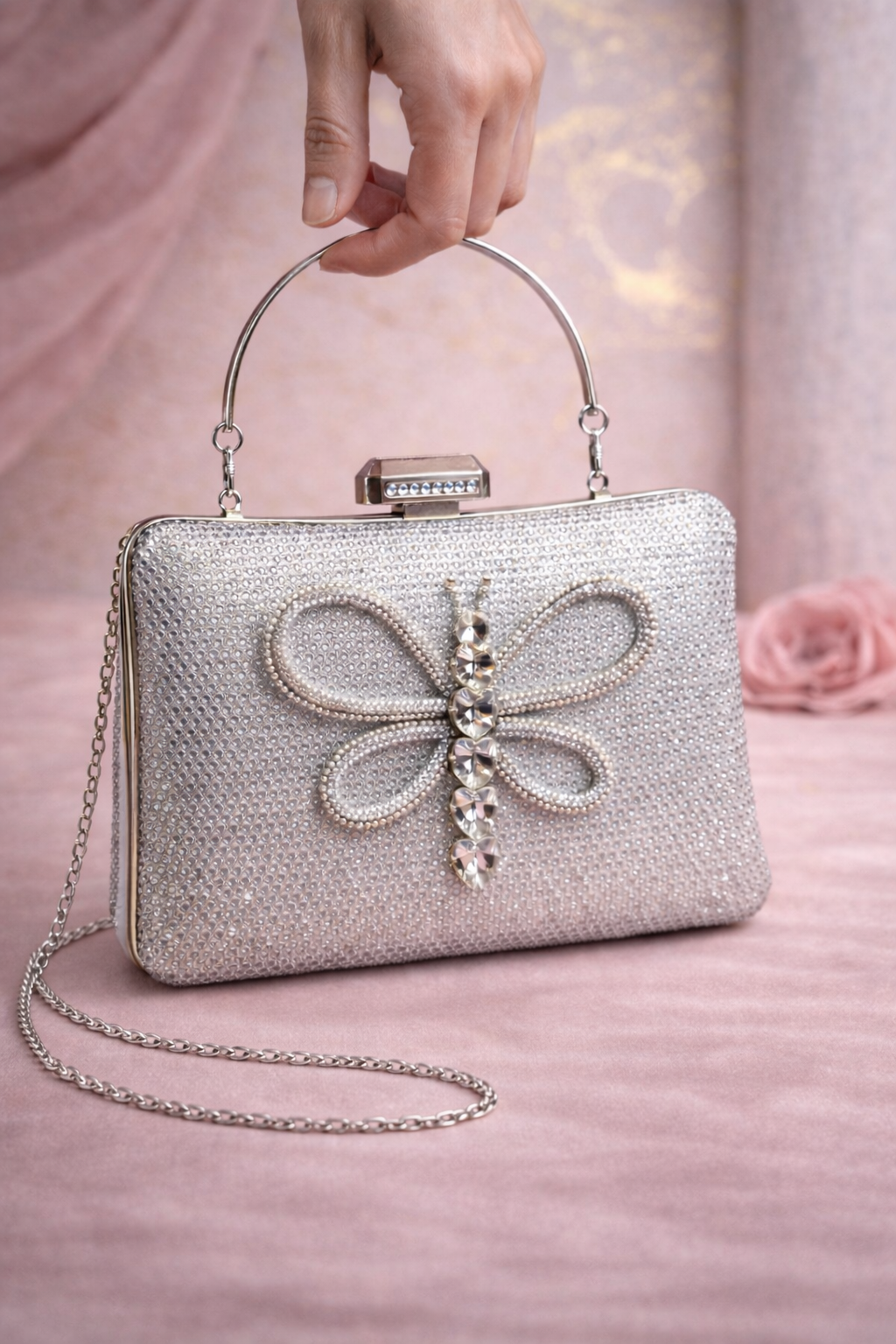 Elegant Silver Crystal Embellished Clutch with Butterfly Motif & Chain Strap