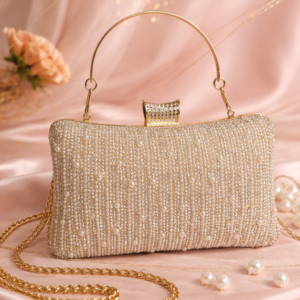 Luxurious Pearl & Crystal Embellished Clutch with Gold Handle & Chain Strap