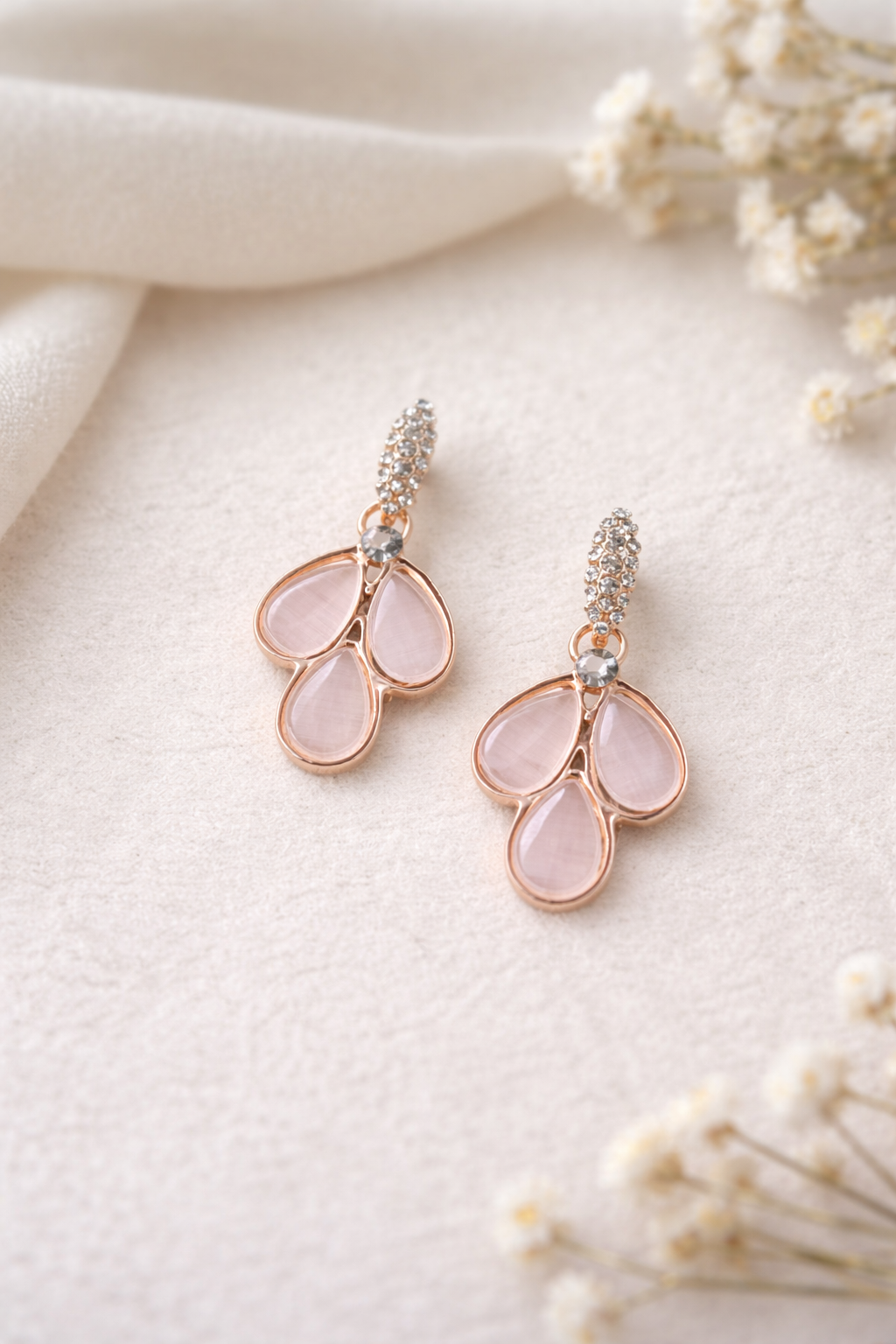 Blush Pink Teardrop Crystal Earrings in Rose Gold Finish