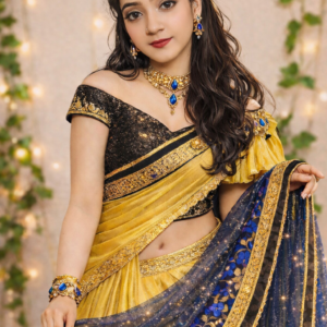 Golden Radiance Designer Saree with Royal Blue Floral Border & Sequin Blouse