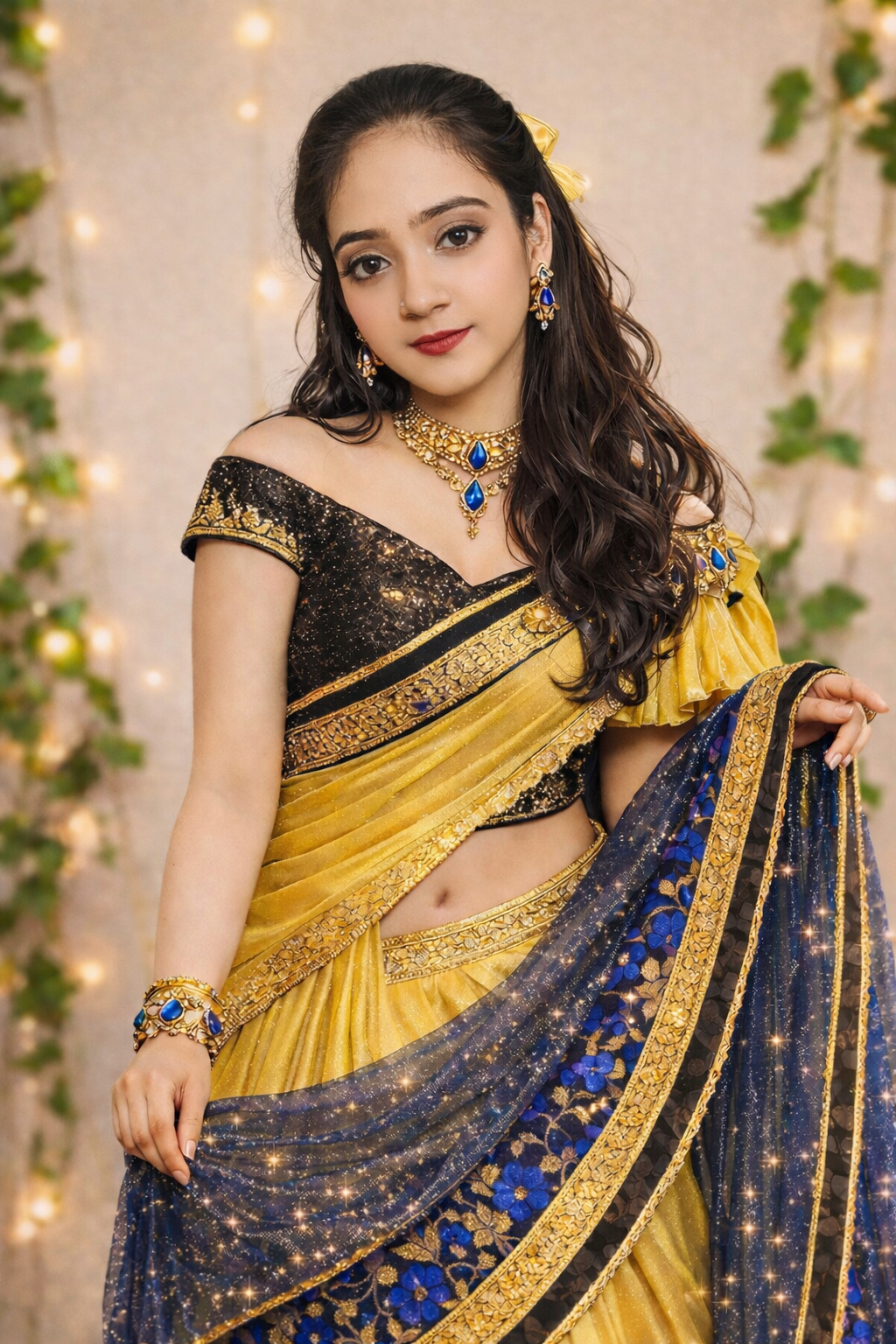 Golden Radiance Designer Saree with Royal Blue Floral Border & Sequin Blouse
