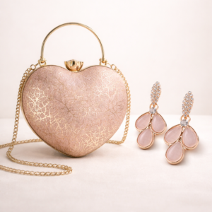 Romantic Blush Pink Heart-Shaped Clutch and Blush Pink Teardrop Crystal Earrings in Rose Gold Finish | Combo
