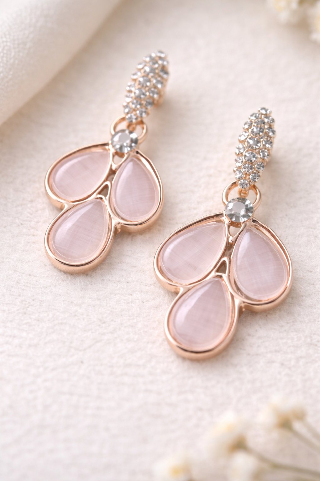 Blush Pink Teardrop Crystal Earrings in Rose Gold Finish - Image 3