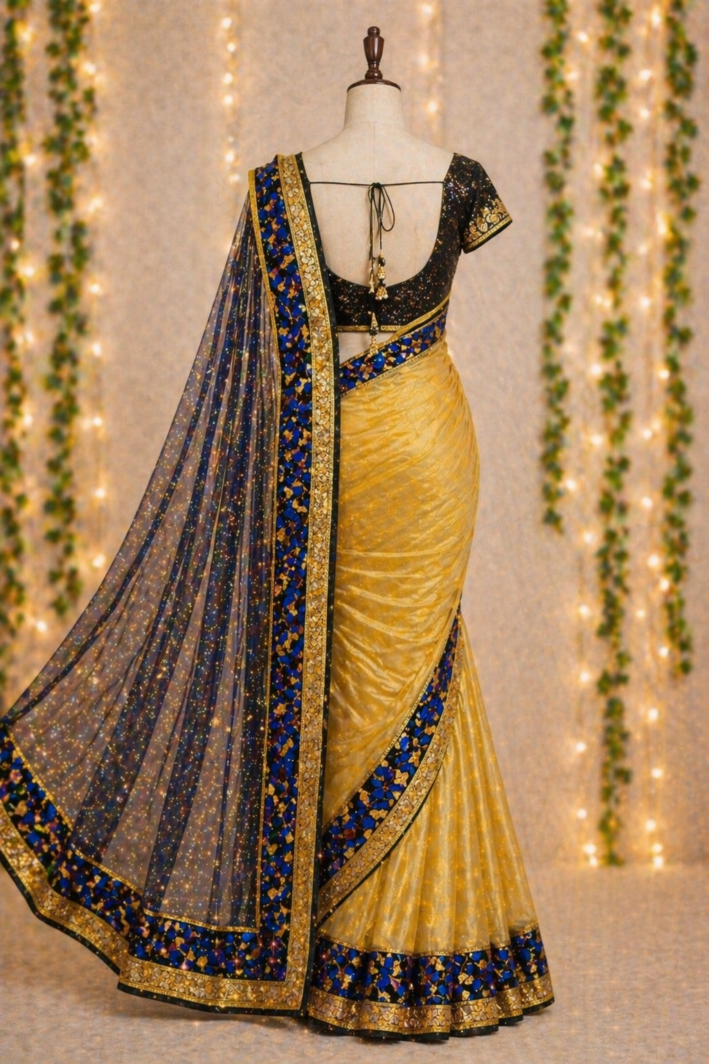 Golden Radiance Designer Saree with Royal Blue Floral Border & Sequin Blouse - Image 4