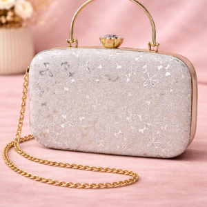 Chic Silver Glitter Clutch with Crystal Clasp & Chain Strap