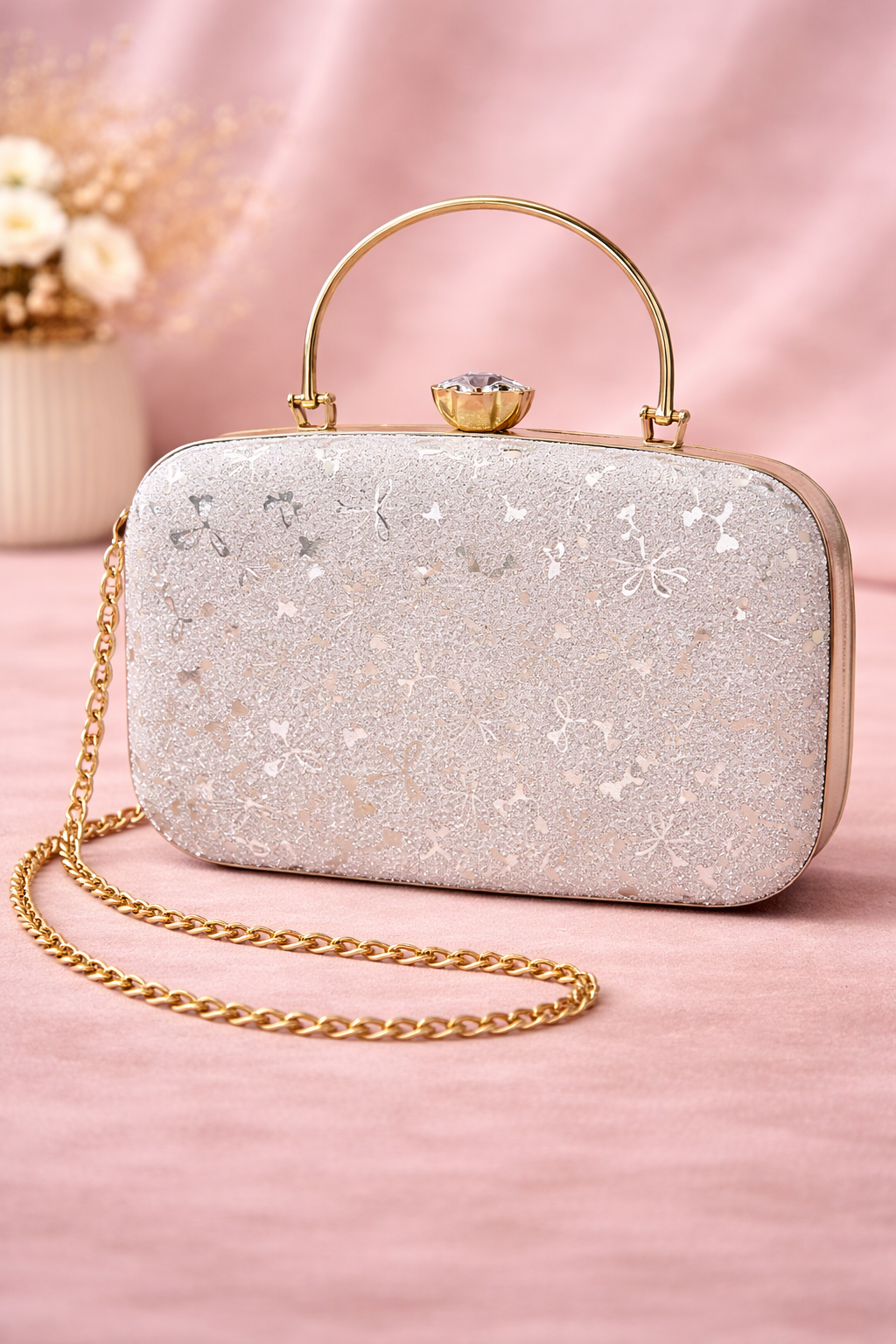 Chic Silver Glitter Clutch with Crystal Clasp & Chain Strap