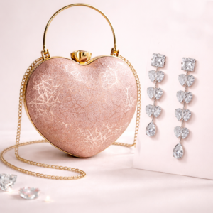 Romantic Blush Pink Heart-Shaped Clutch and Elegant Crystal Heart Drop Earrings in Silver | Combo