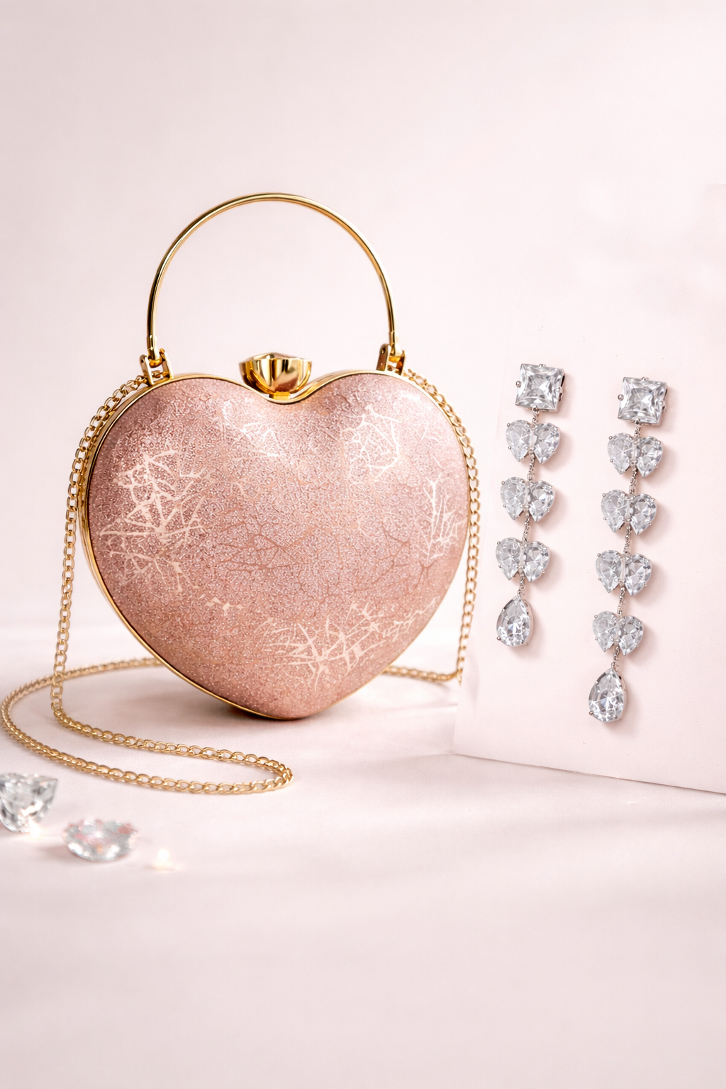 Romantic Blush Pink Heart-Shaped Clutch and Elegant Crystal Heart Drop Earrings in Silver | Combo