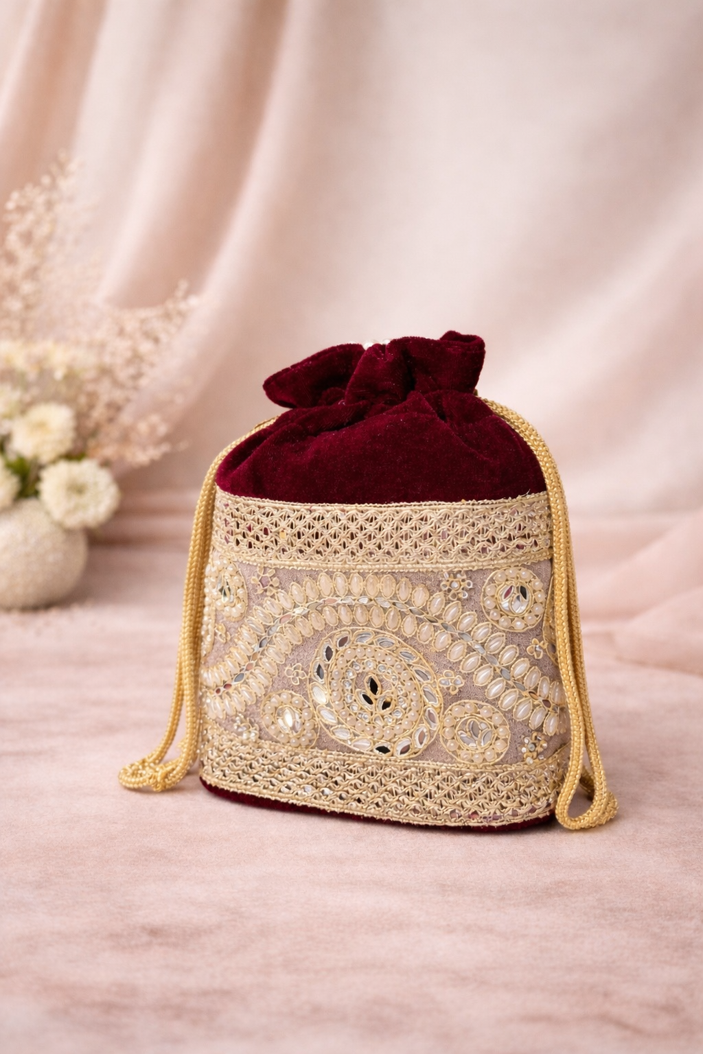 Royal Maroon Velvet Potli Bag with Pearl Handle & Gold Embroidery - Image 2