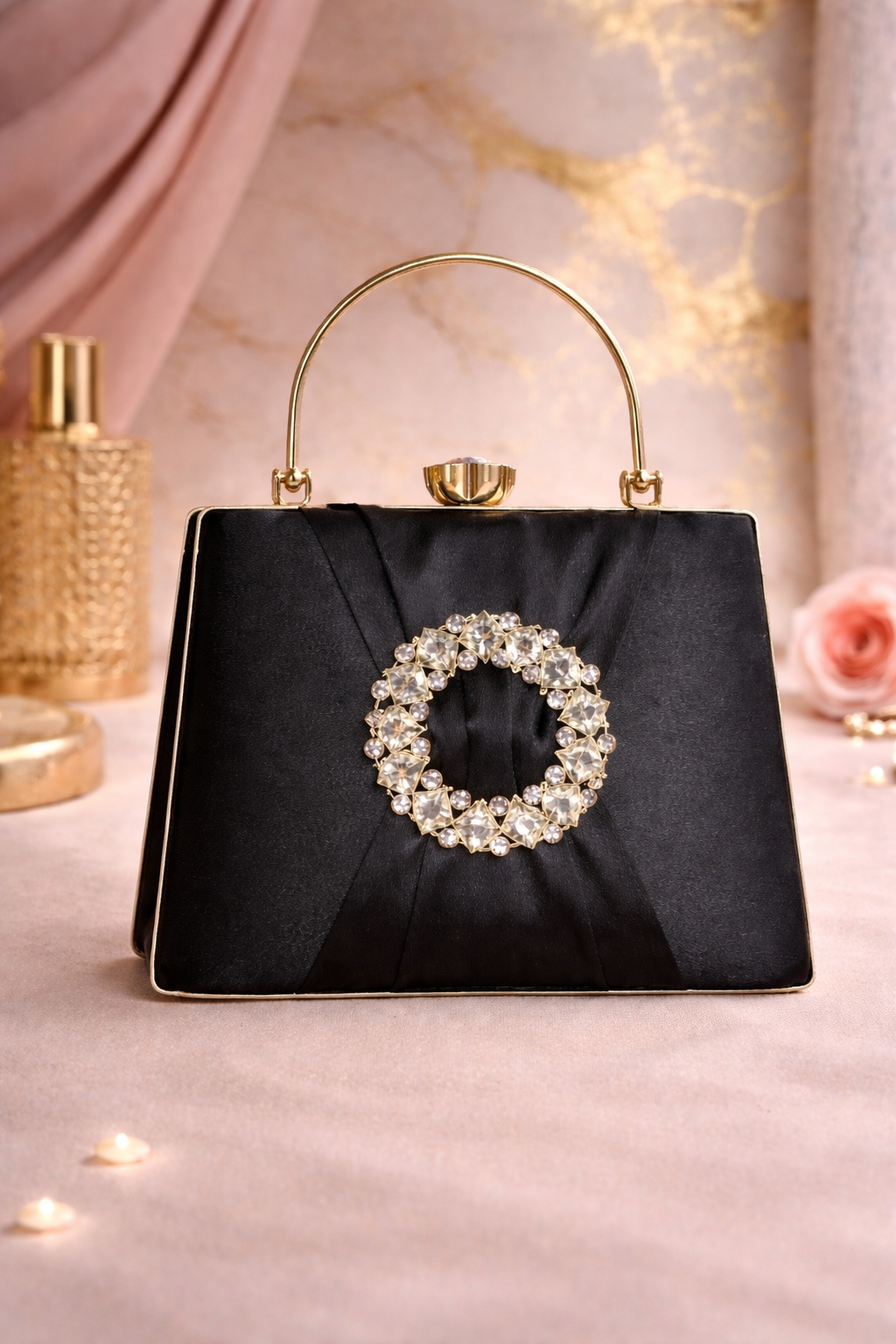 Elegant Black Satin Clutch with Crystal Embellished Brooch & Gold Handle - Image 3