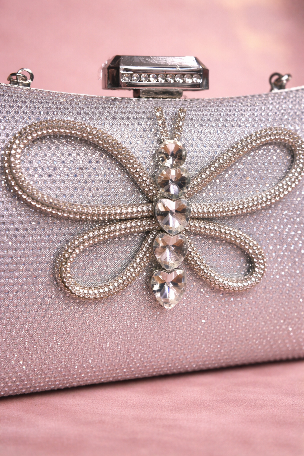 Elegant Silver Crystal Embellished Clutch with Butterfly Motif & Chain Strap - Image 3