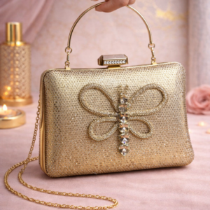Glam Gold Crystal Embellished Clutch with Butterfly Motif & Chain Strap