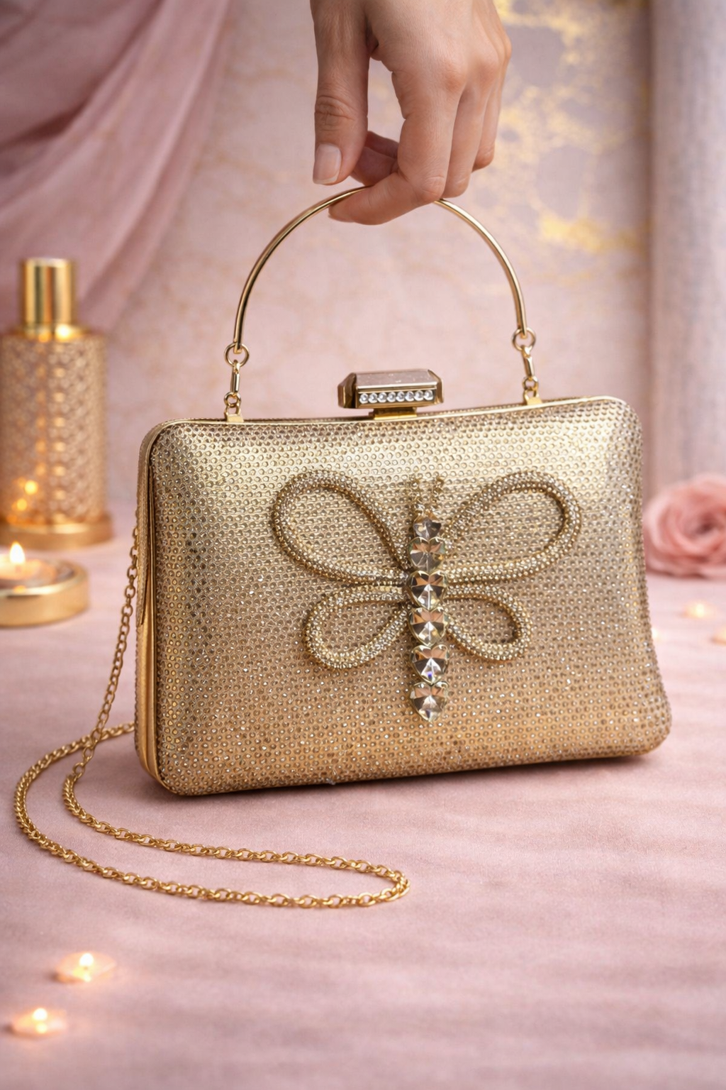 Glam Gold Crystal Embellished Clutch with Butterfly Motif & Chain Strap