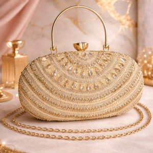 Elegant Gold Embellished Clutch with Crystal Clasp & Chain Strap