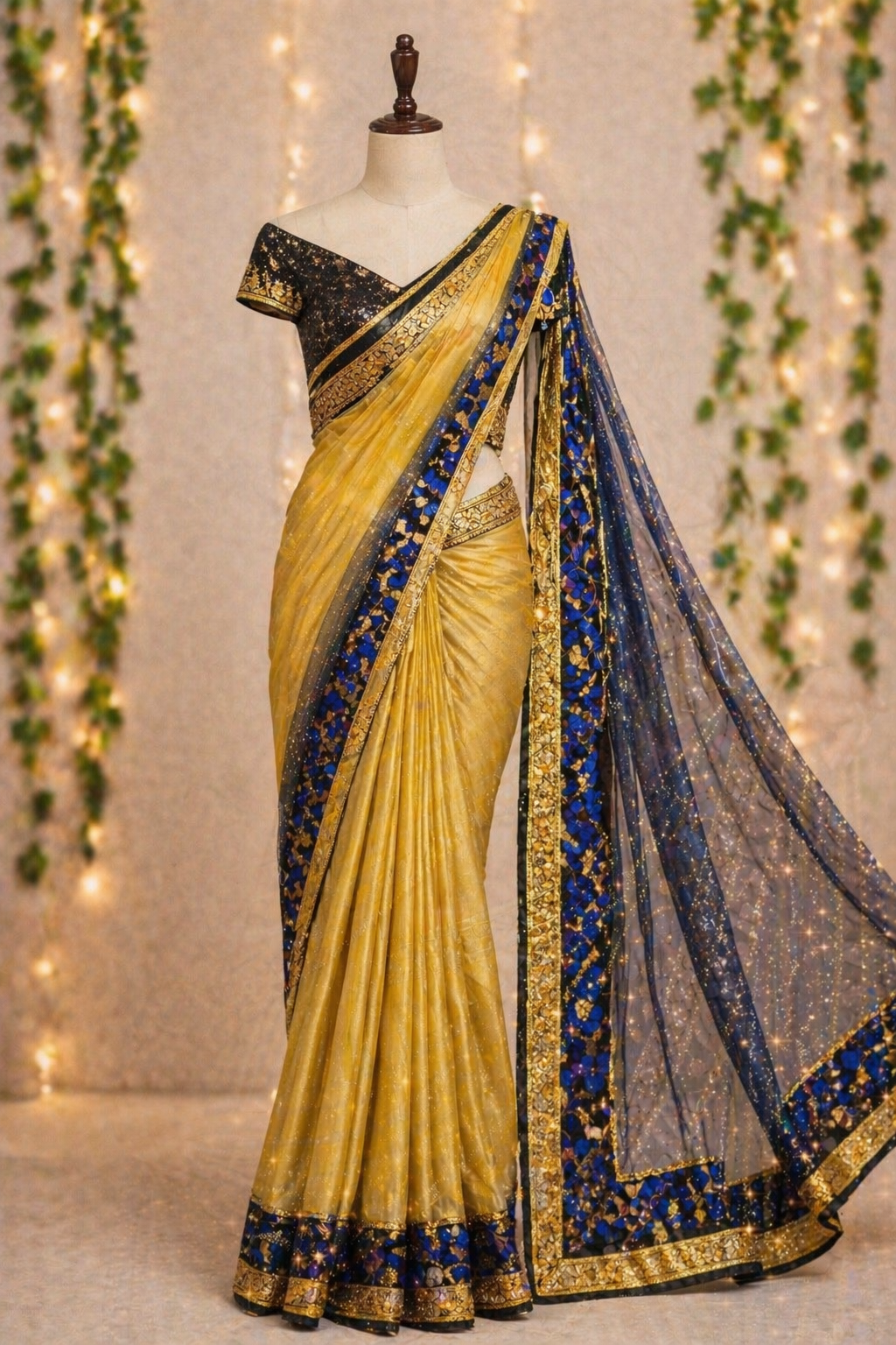 Golden Radiance Designer Saree with Royal Blue Floral Border & Sequin Blouse - Image 2