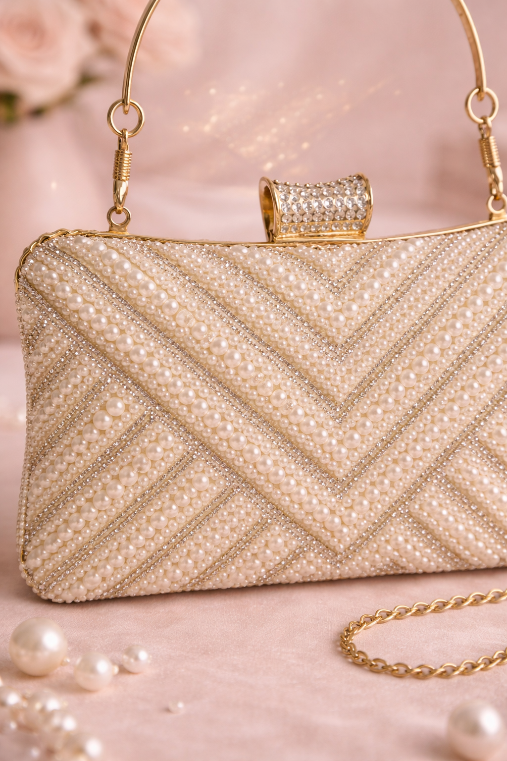 Elegant Pearl Embellished Clutch with Gold Handle & Chain Strap - Image 2