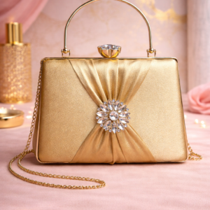 Elegant Gold Satin Clutch with Crystal Embellished Brooch & Gold Handle