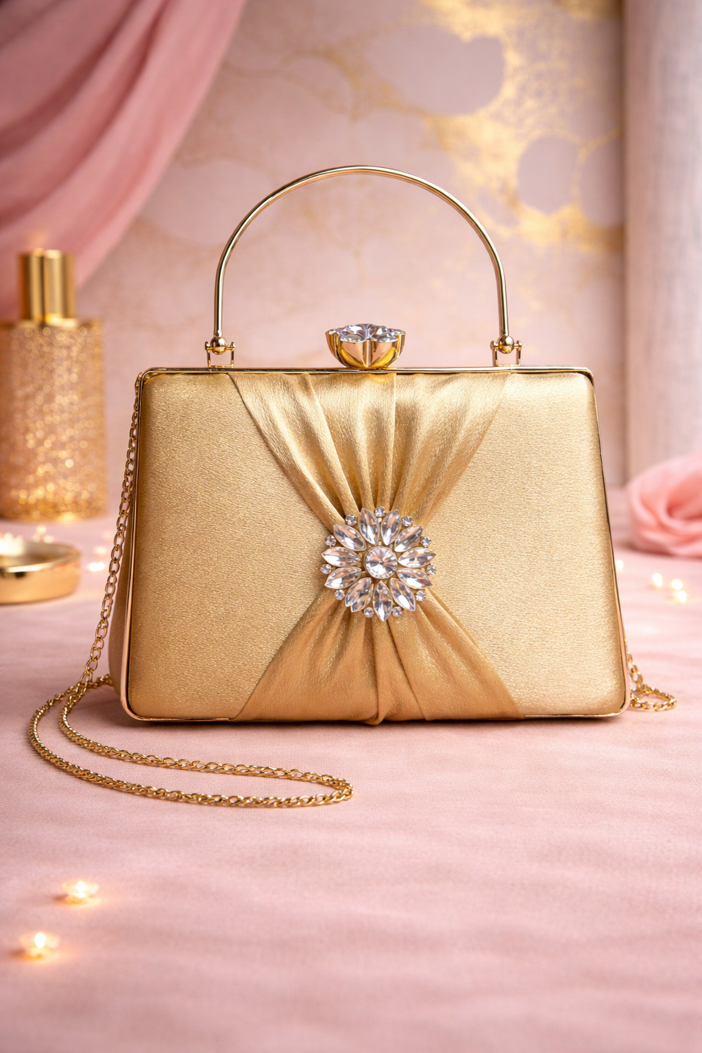 Elegant Gold Satin Clutch with Crystal Embellished Brooch & Gold Handle