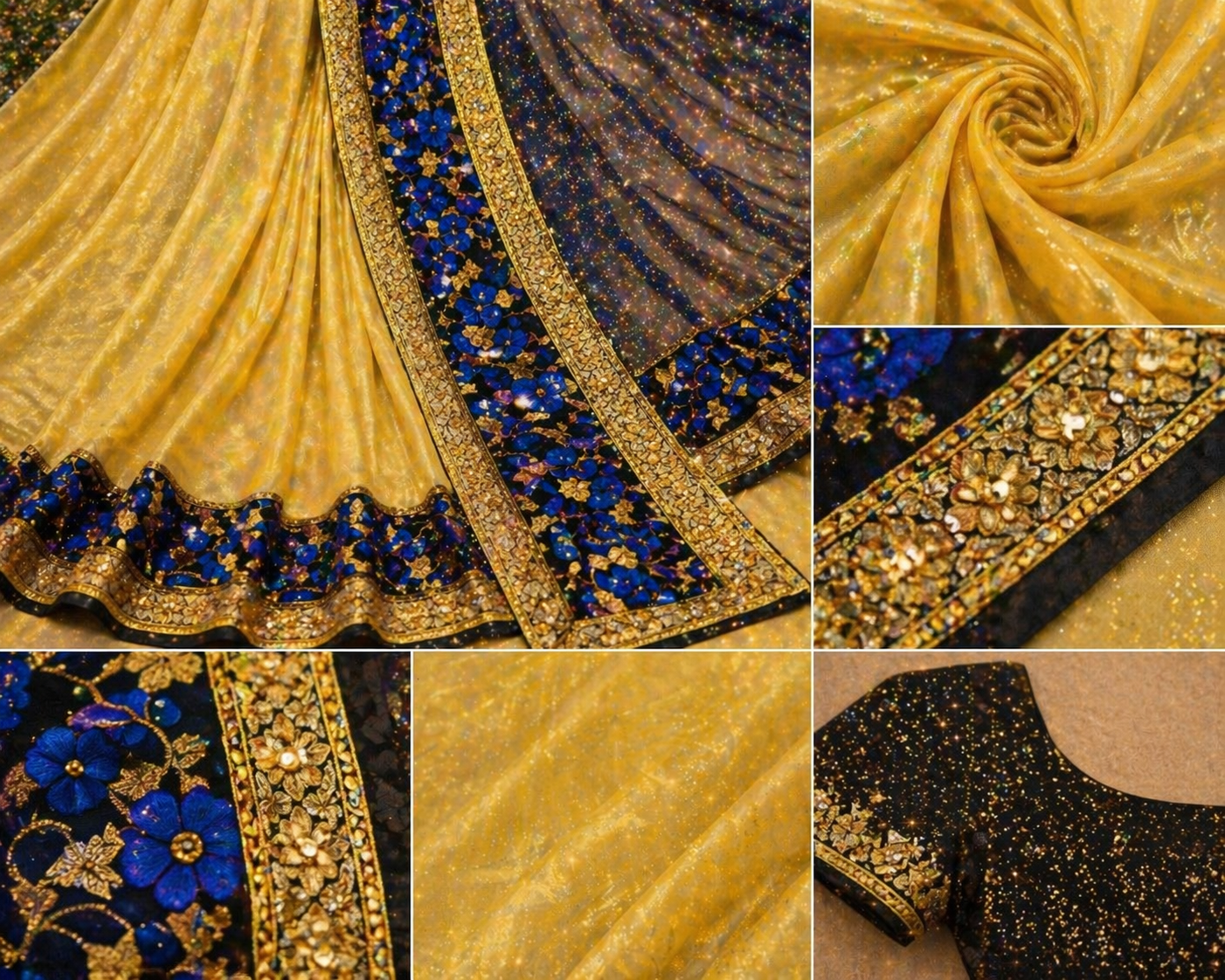 Golden Radiance Designer Saree with Royal Blue Floral Border & Sequin Blouse - Image 5