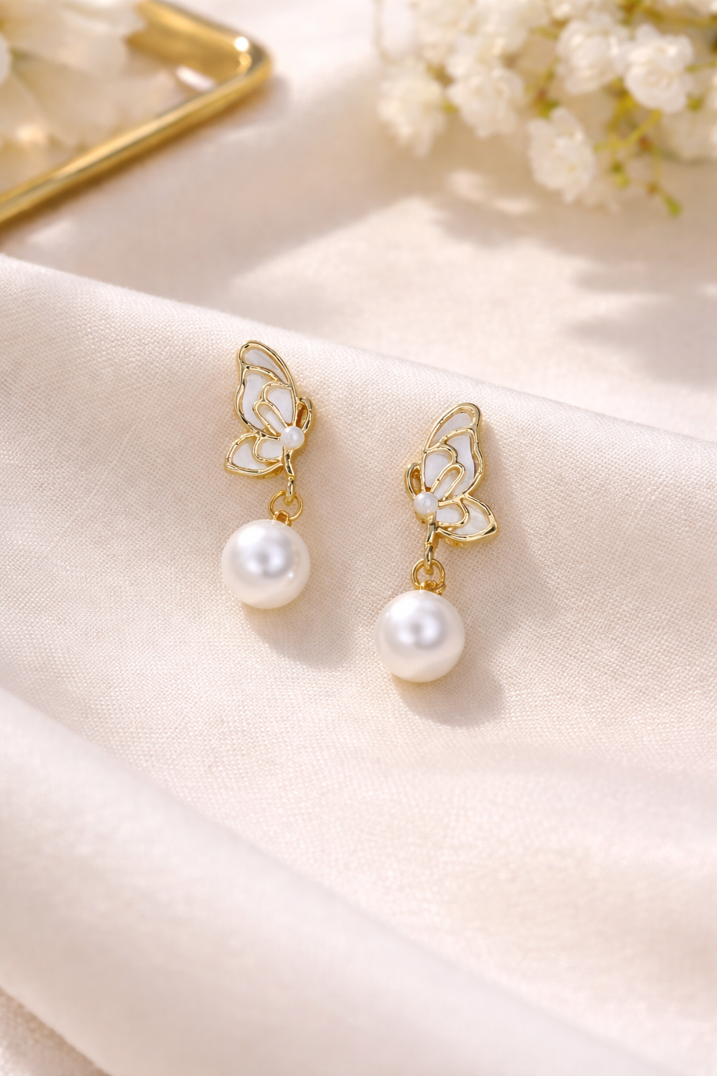 Elegant Butterfly Pearl Drop Earrings in Gold Finish - Image 3