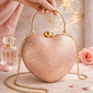 Romantic Blush Pink Heart-Shaped Clutch with Gold Handle & Chain Strap